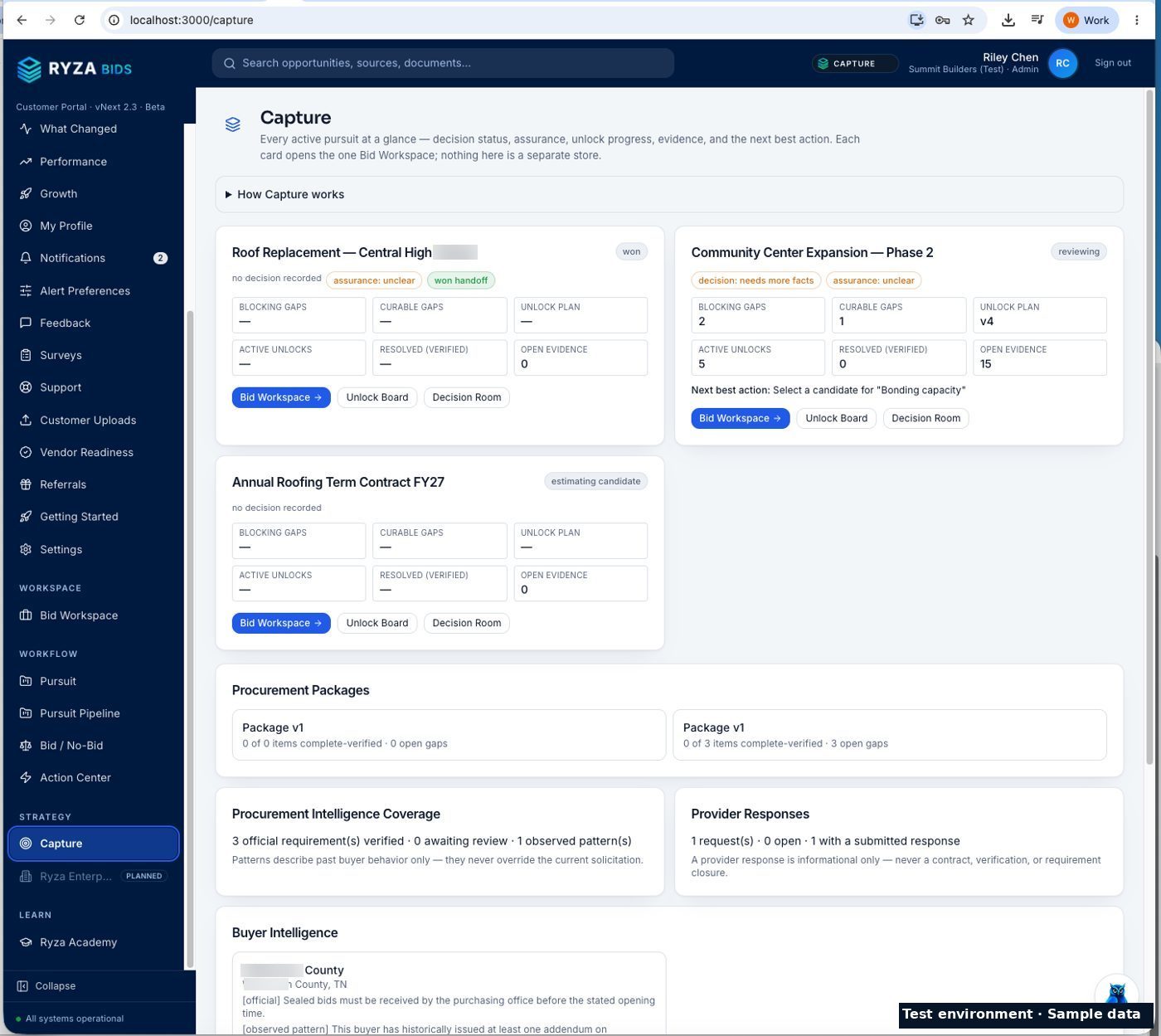Ryza Capture pursuit board in a test environment with decision status and evidence